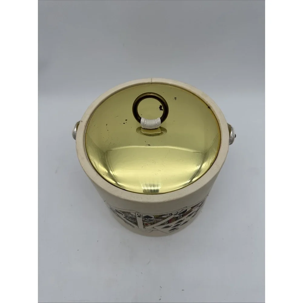 Vintage Kraftware Ice Bucket Cream With Gold Lid And Cards Made In USA